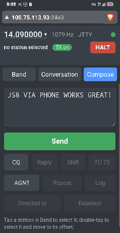 Phone remote: Compose tab with Send, CQ, Reply, SNR and other buttons